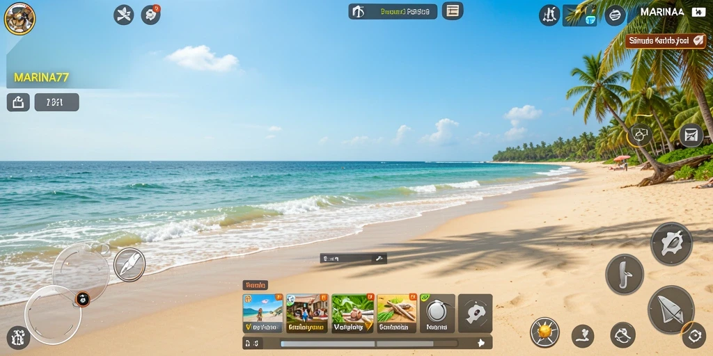 Screenshot utama <strong>MARINA77</strong> menampilkan aksi seru di pantai yang menakjubkan.