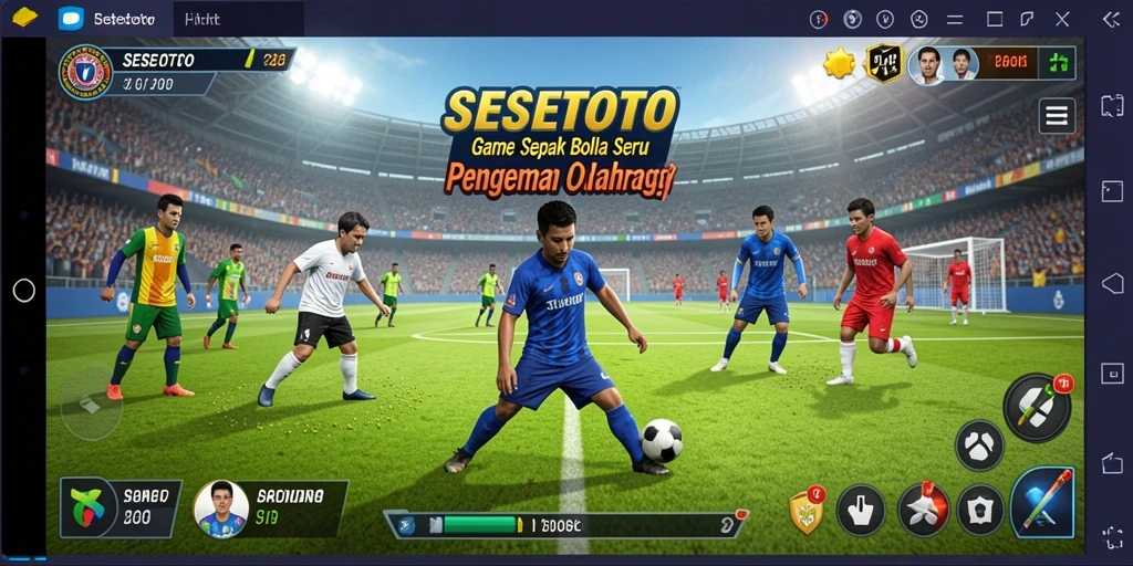 Screenshot gameplay SESETOTO menampilkan aksi seru pertandingan sepak bola.