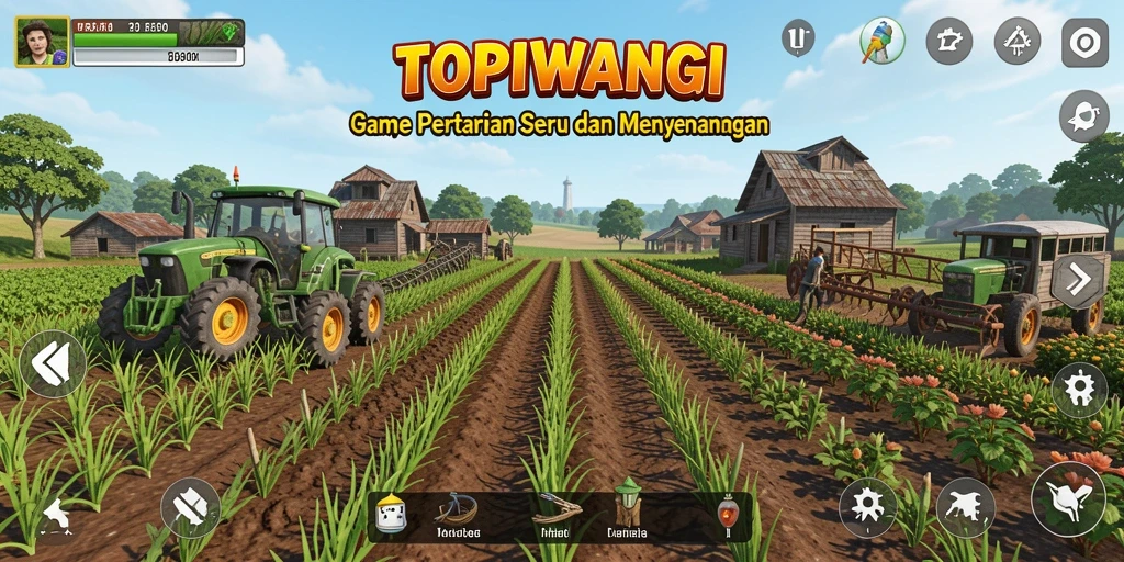 Screenshot gameplay TOPIWANGI dengan suasana pertanian yang cerah dan interaktif.